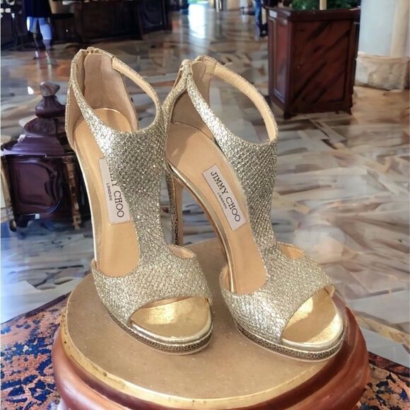 JIMMY CHOO SPARKLY GLITTERY T STRAP PEEP TOE HIGH HEEL STILETTO SHOES SIZE 37.5 - Picture 3 of 7